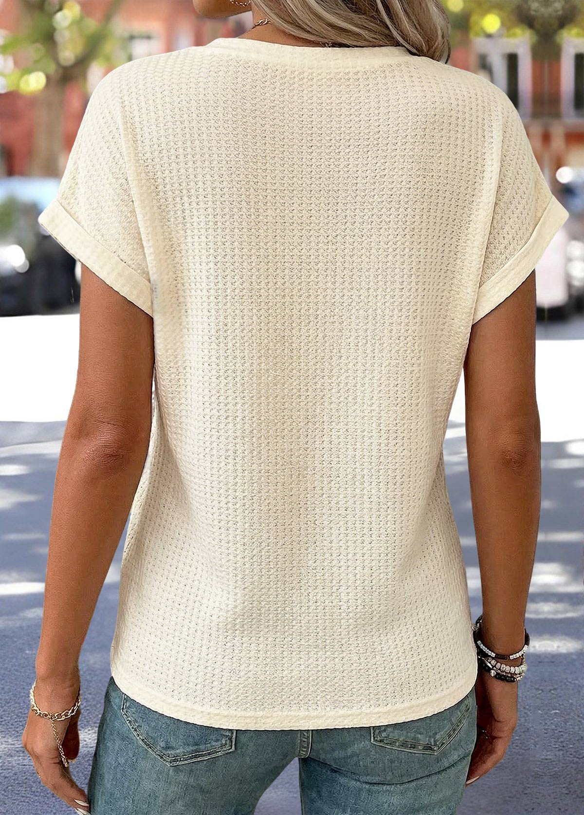 Surplice Beige Short Sleeve Round Neck T Shirt