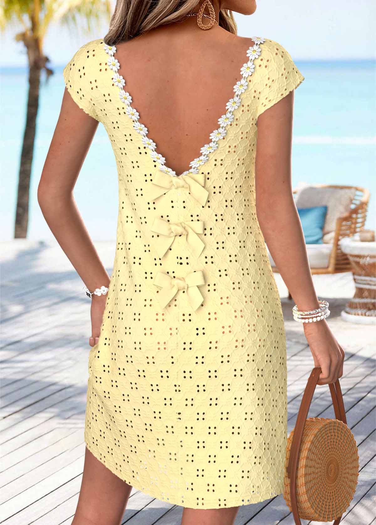 Bowknot Light Yellow Short V Neck Dress