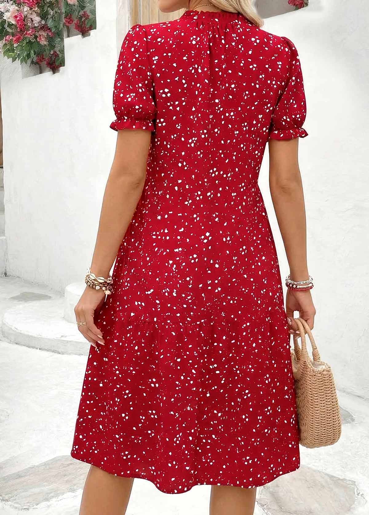 Ditsy Floral Print Tuck Stitch Red Short Dress