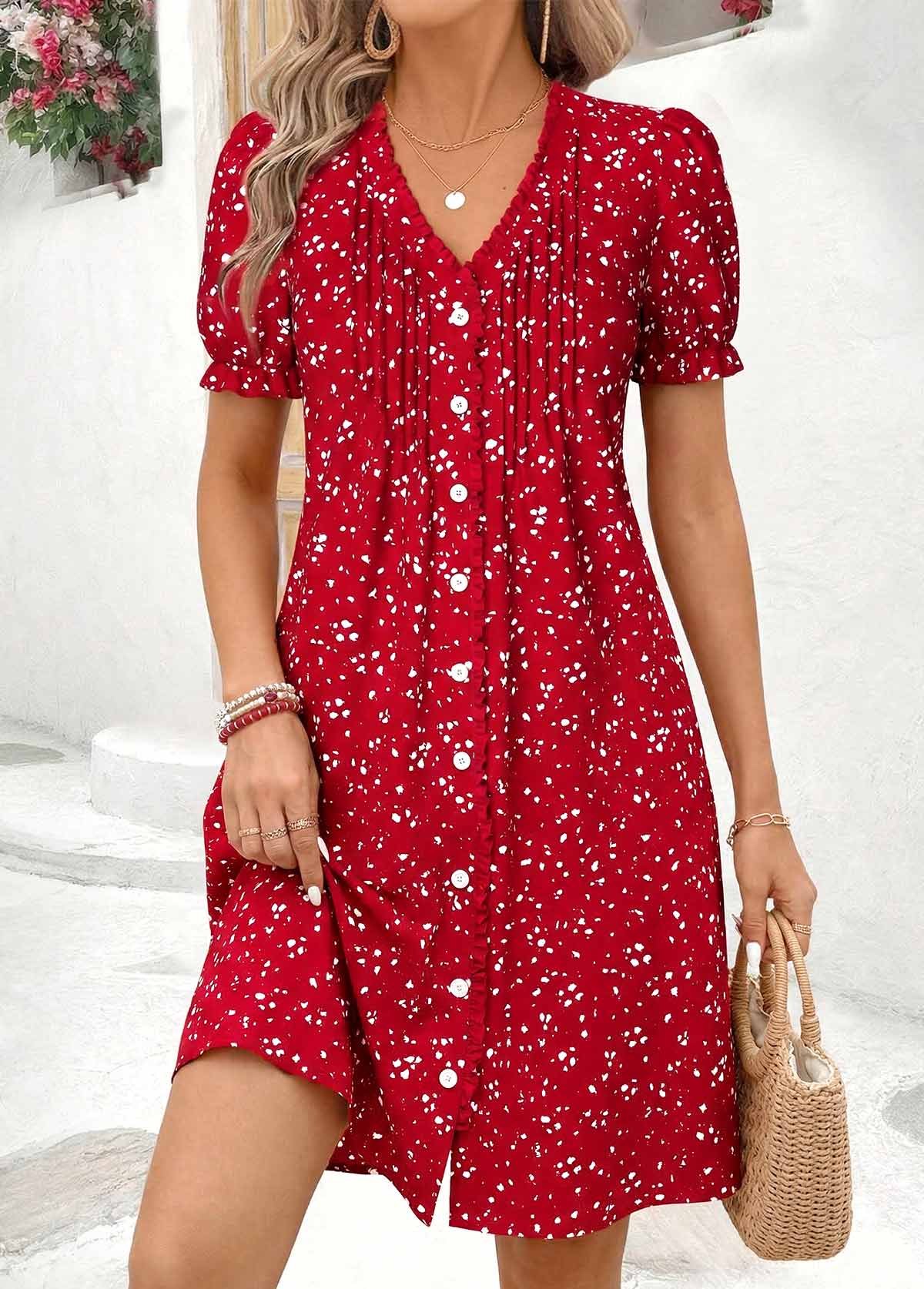 Ditsy Floral Print Tuck Stitch Red Short Dress