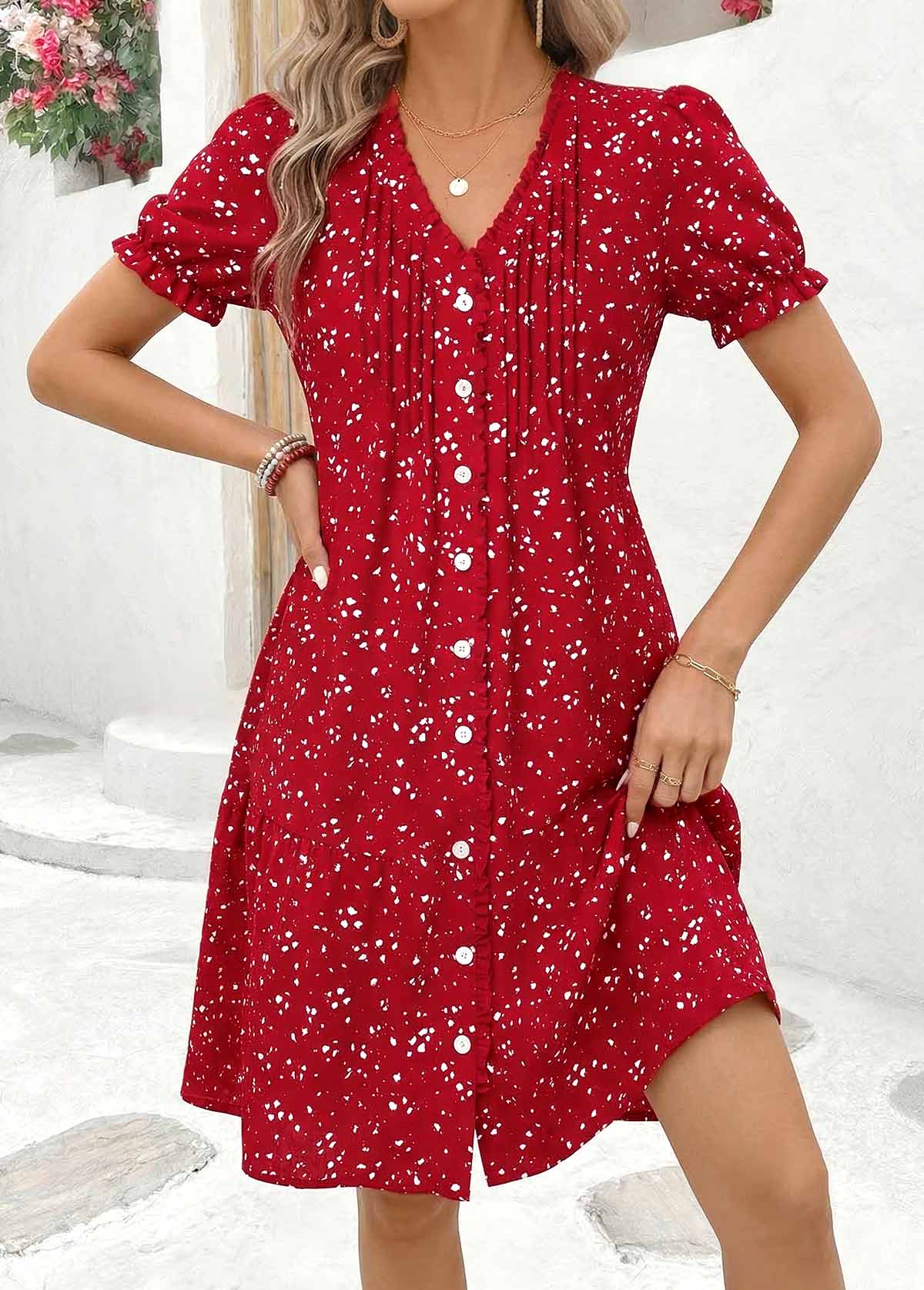 Ditsy Floral Print Tuck Stitch Red Short Dress