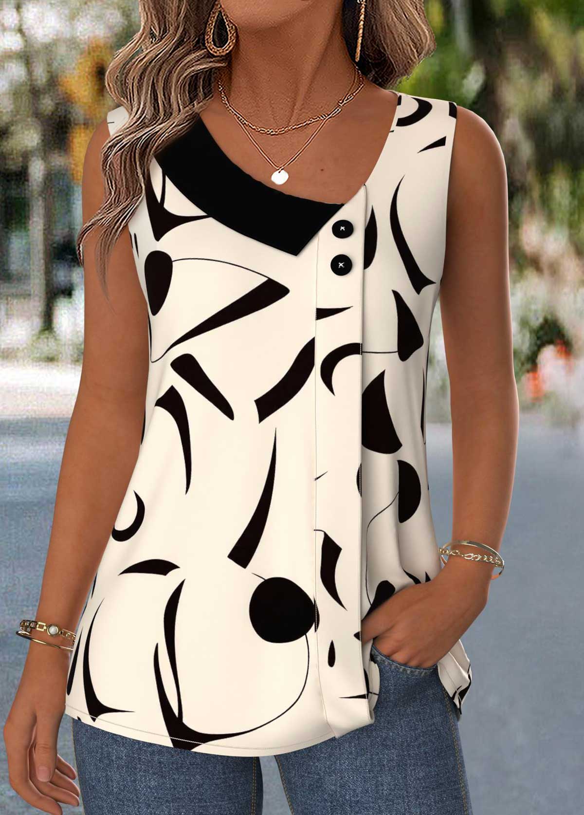 Geometric Print Patchwork Beige Sleeveless Asymmetrical Neck Tank Top