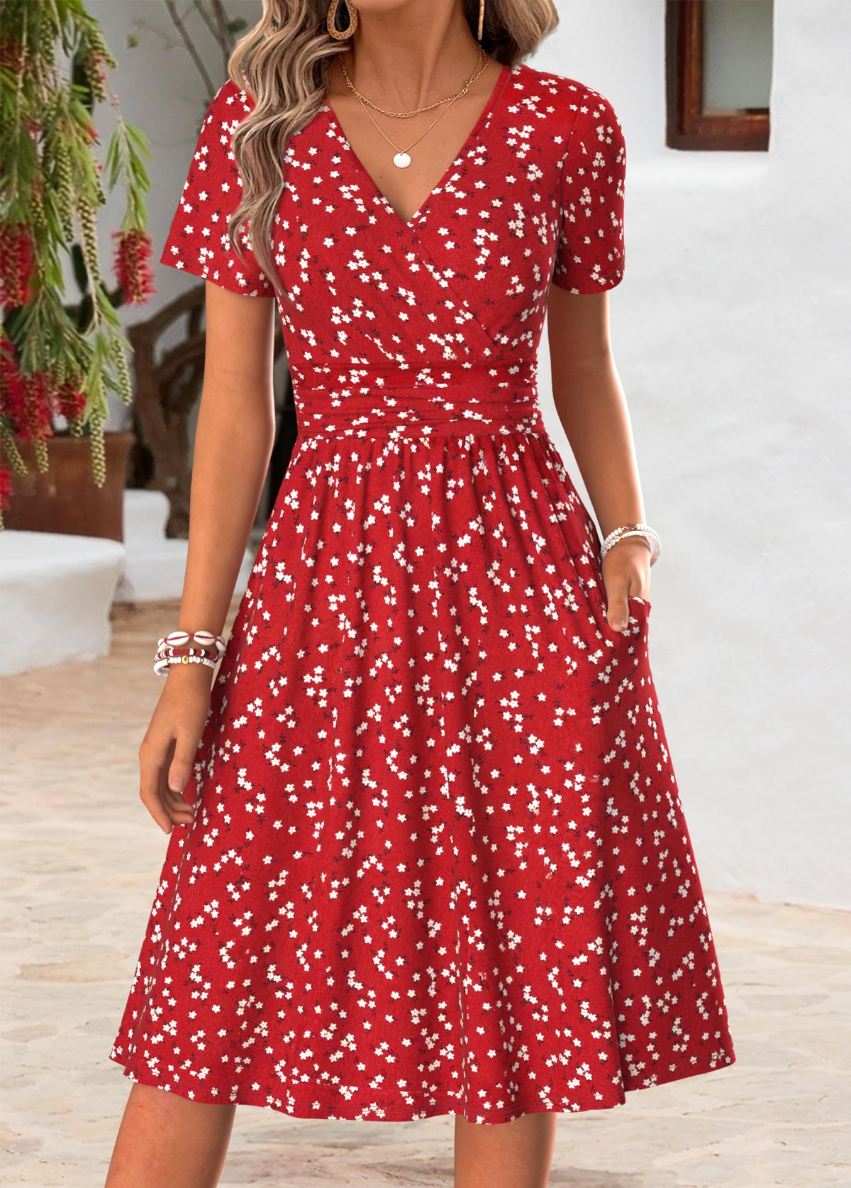 Ditsy Floral Print Double Side Pockets Red Dress