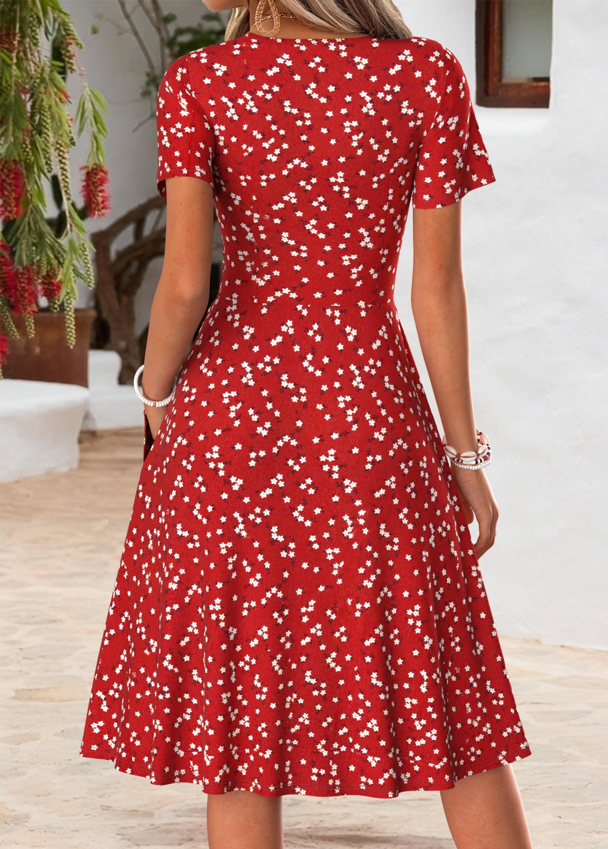 Ditsy Floral Print Double Side Pockets Red Dress