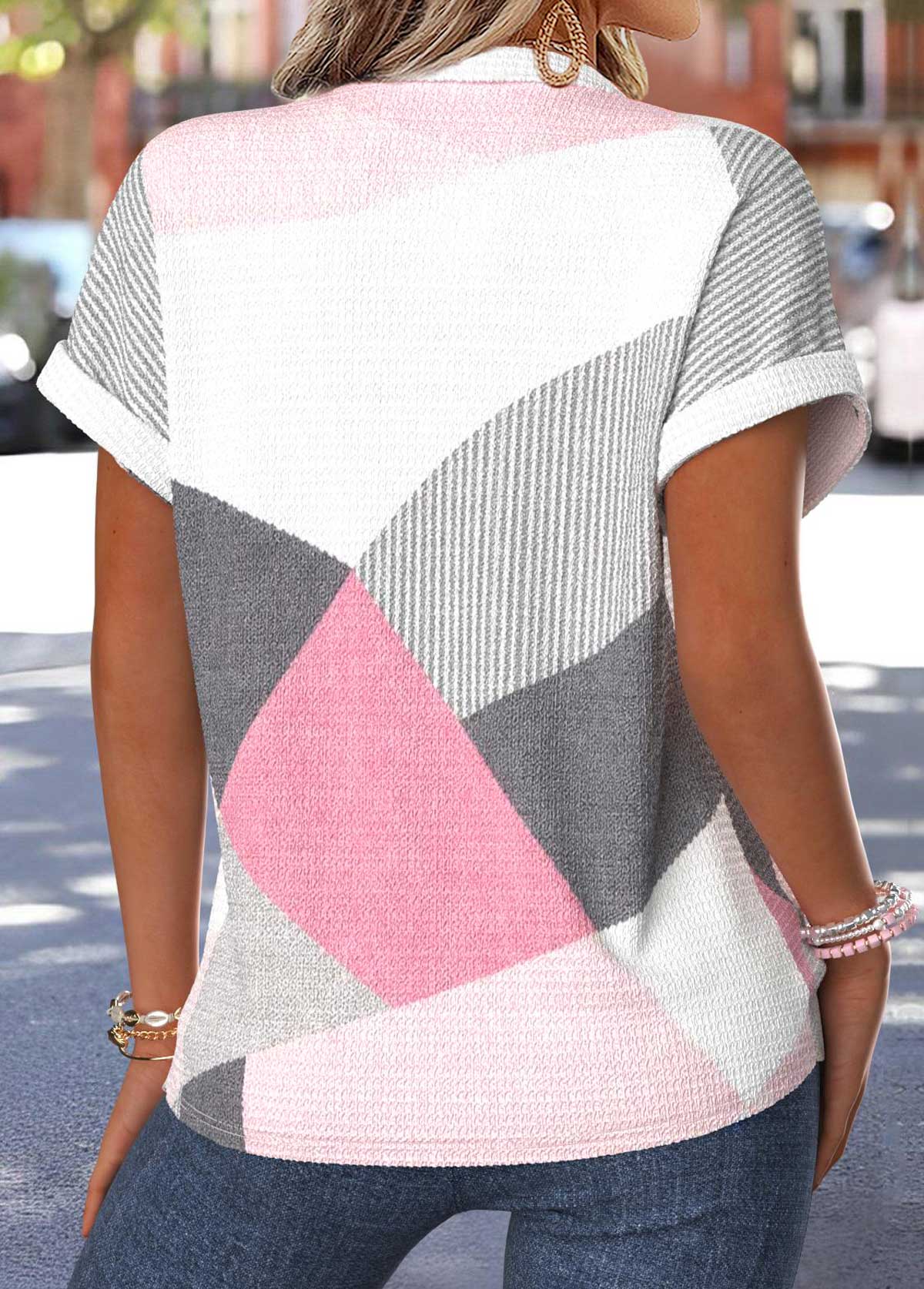 Geometric Print Tummy Coverage Light Pink Short Sleeve Blouse