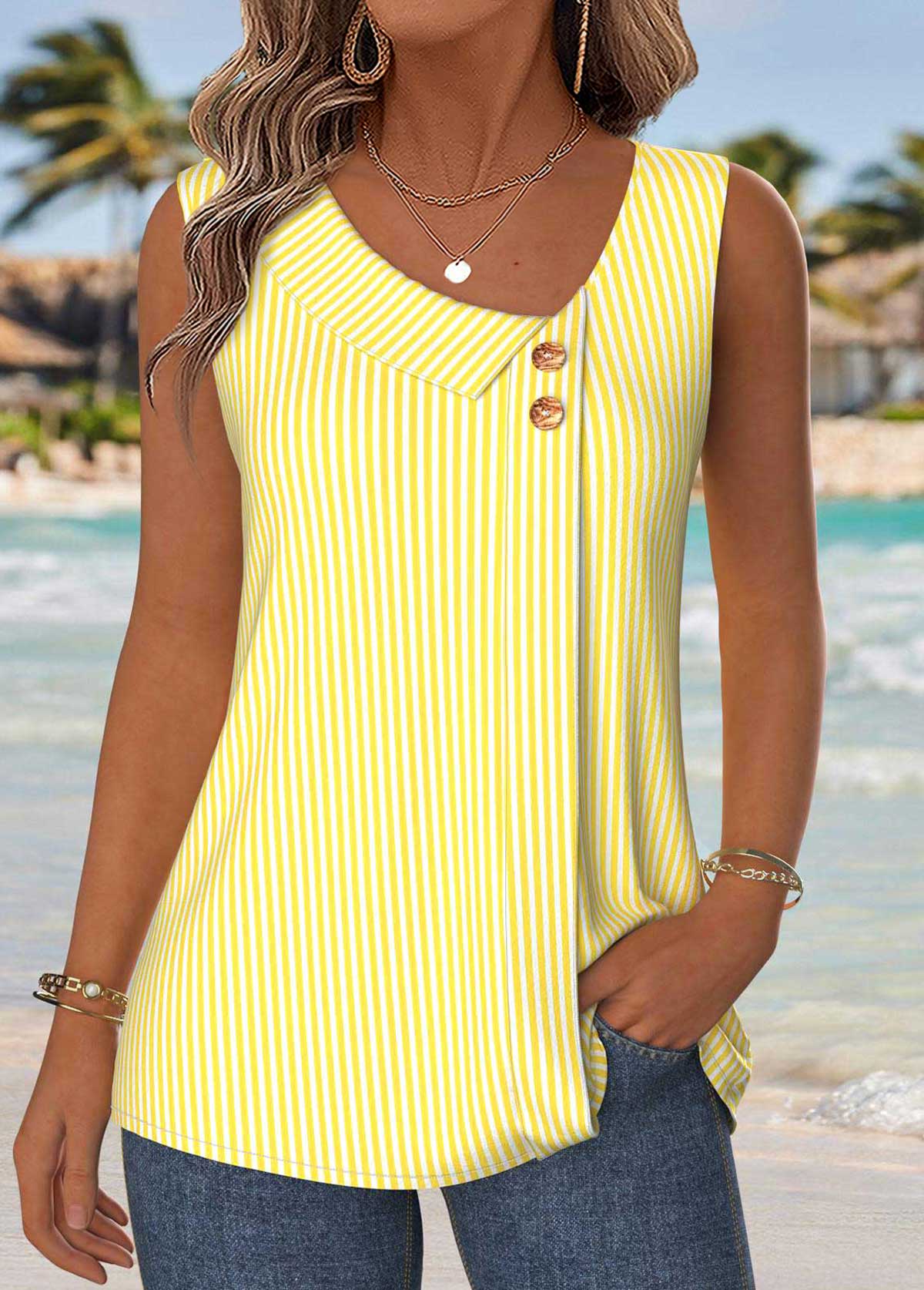 Striped Patchwork Yellow Sleeveless Asymmetrical Neck Tank Top