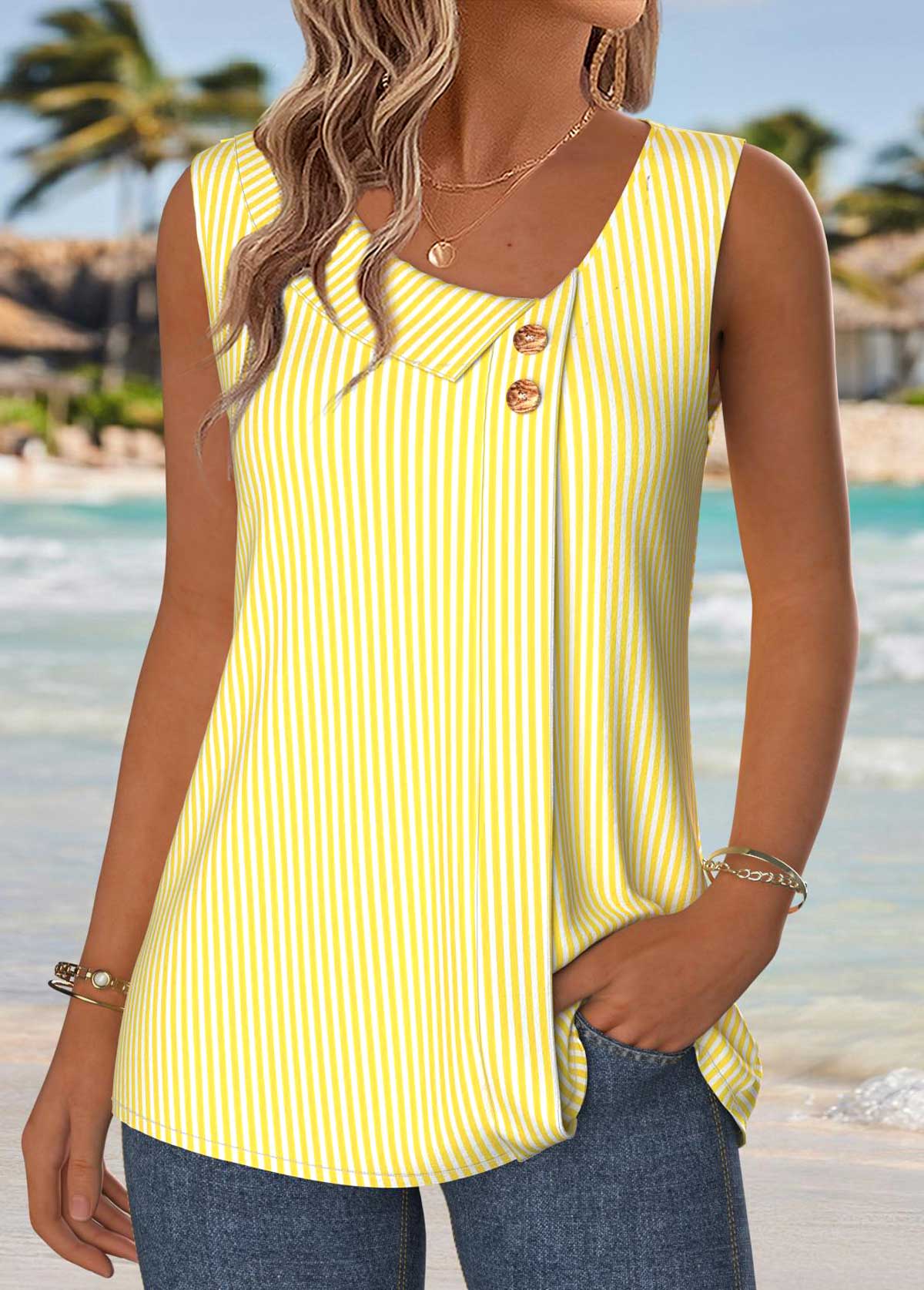 Striped Patchwork Yellow Sleeveless Asymmetrical Neck Tank Top