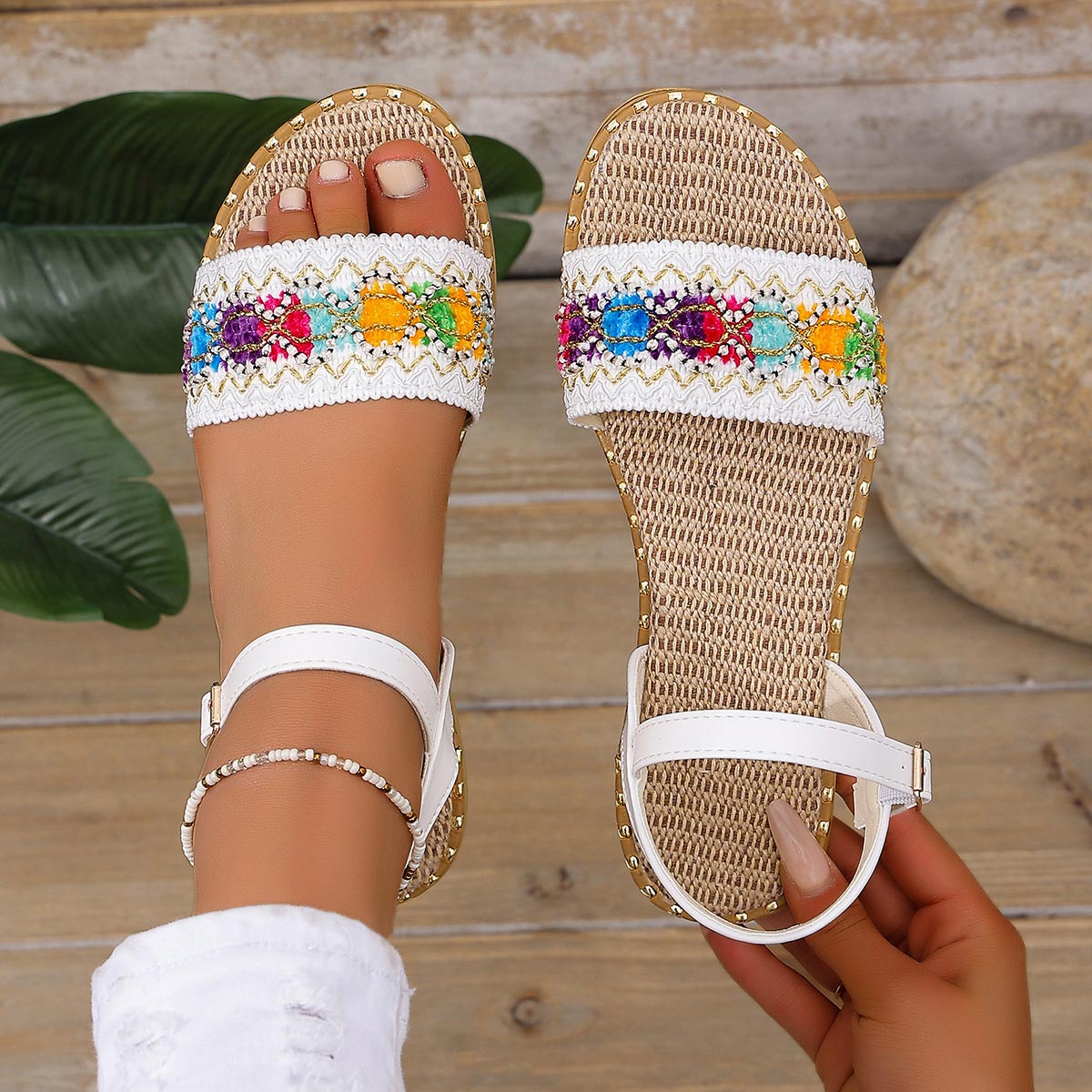 White Tribal Print Round Toe Falt Sandals