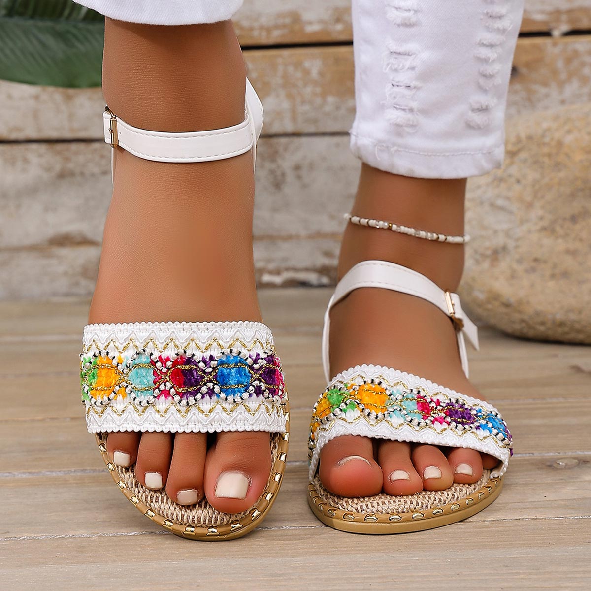 White Tribal Print Round Toe Falt Sandals