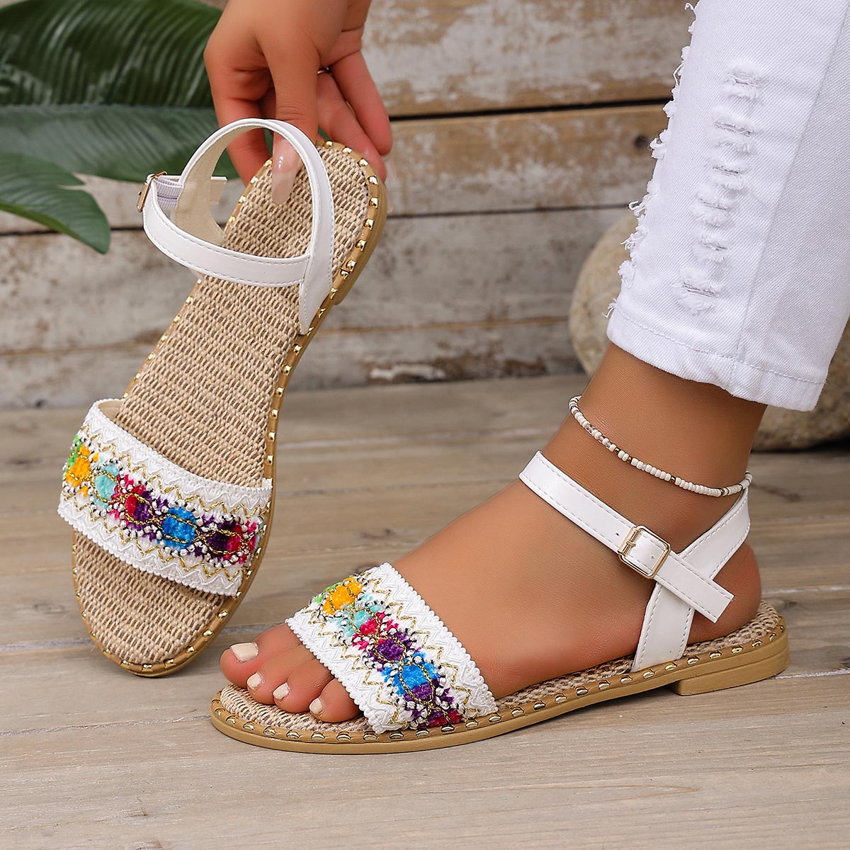 White Tribal Print Round Toe Falt Sandals