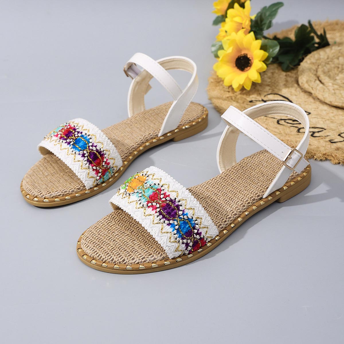 White Tribal Print Round Toe Falt Sandals