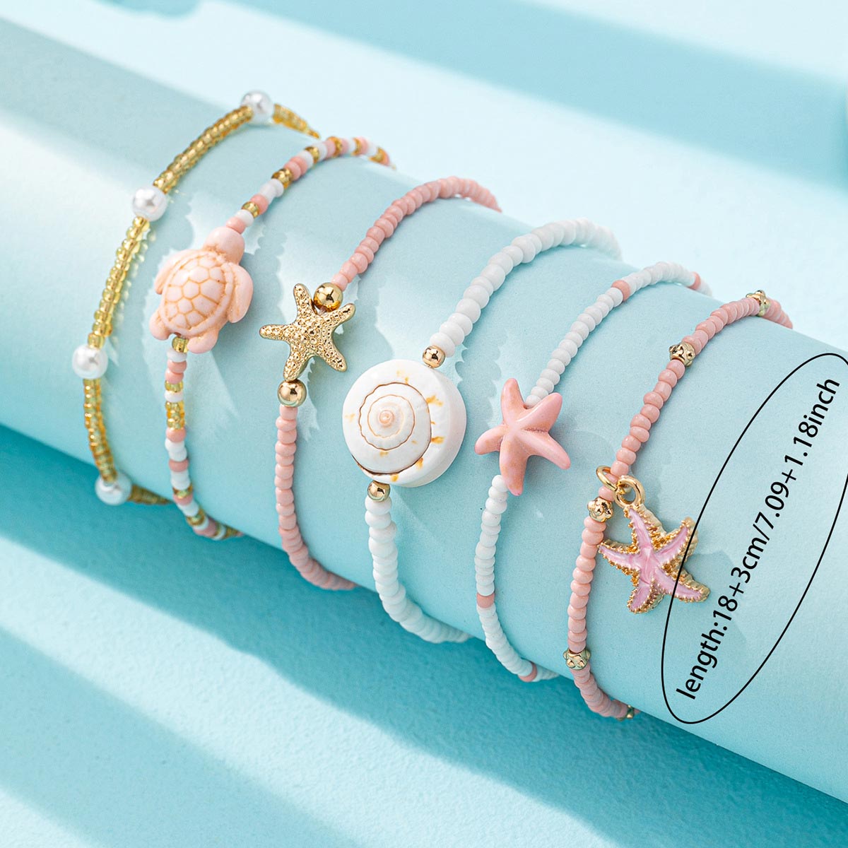 Pink Starfish Turtle Beaded Bracelet Set
