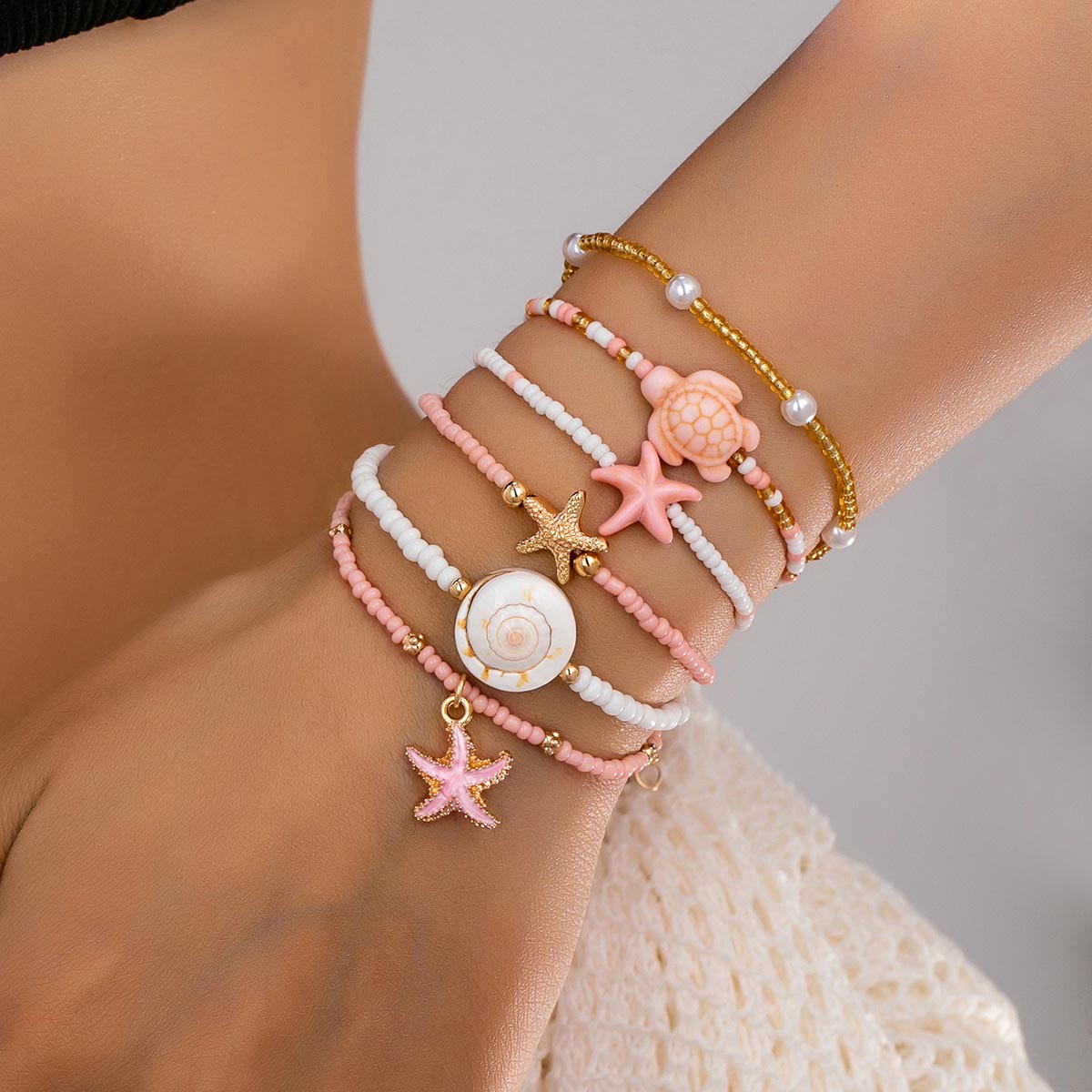 Pink Starfish Turtle Beaded Bracelet Set