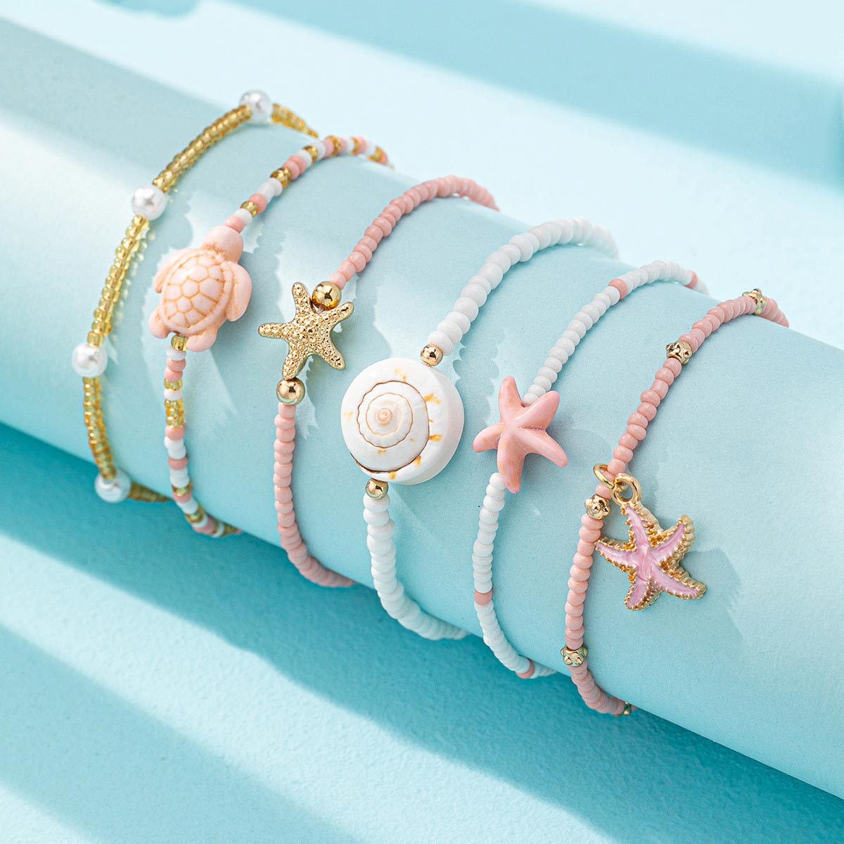 Pink Starfish Turtle Beaded Bracelet Set