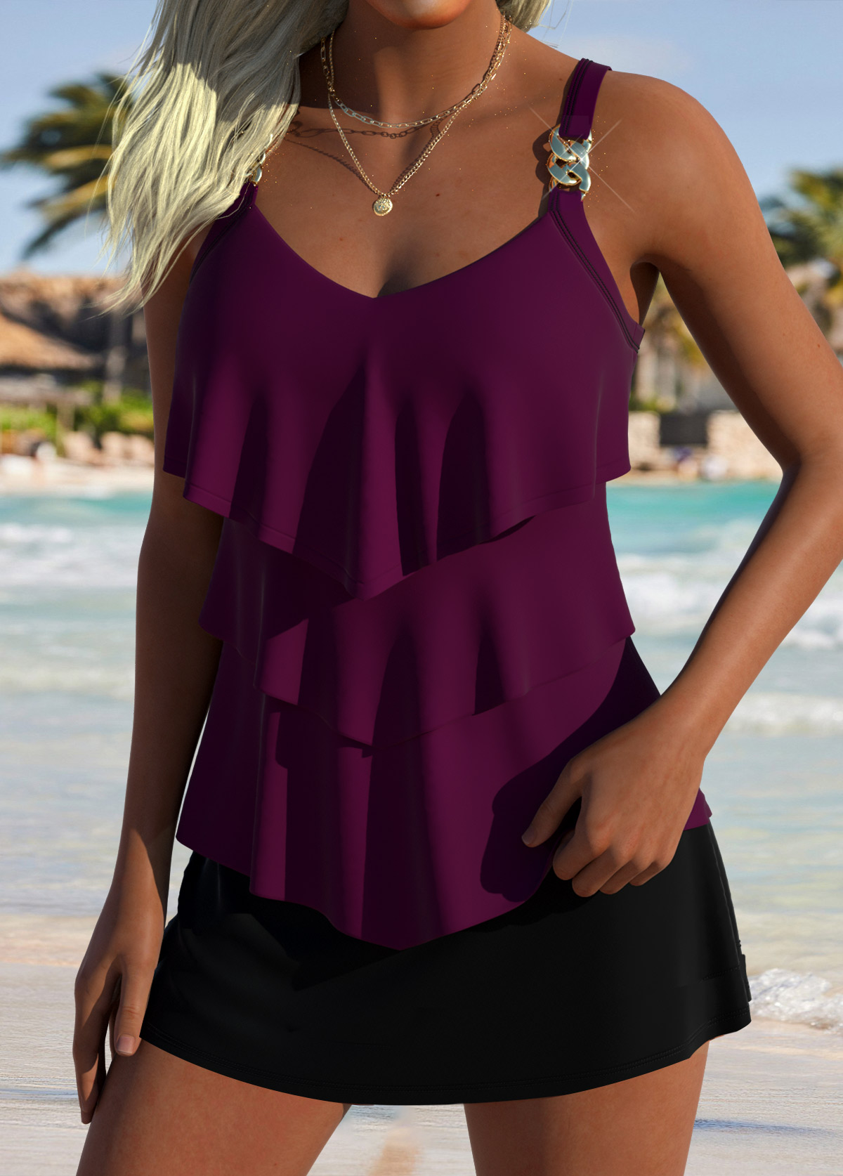 Dark Reddish Purple Heart Collar Tankini Top-No Bottom
