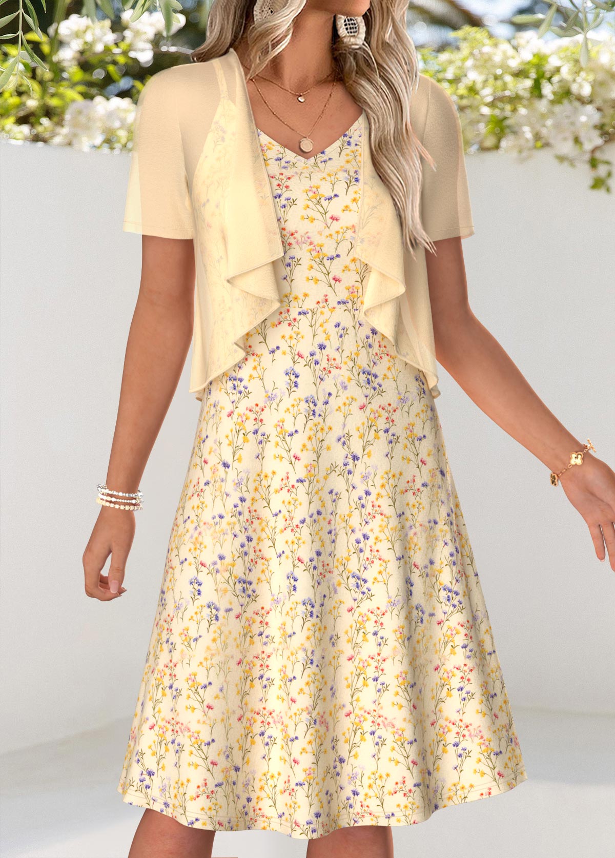 Ditsy Floral Print Two-piece Light Yellow Dress and Cardigan