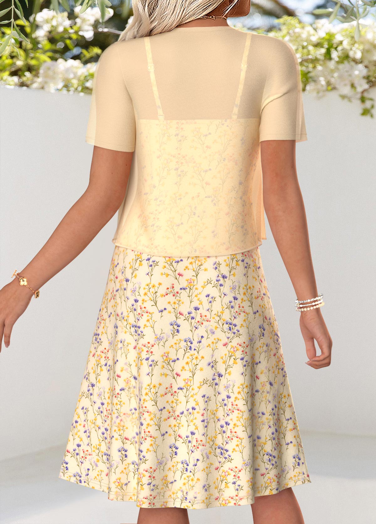 Ditsy Floral Print Two-piece Light Yellow Dress and Cardigan