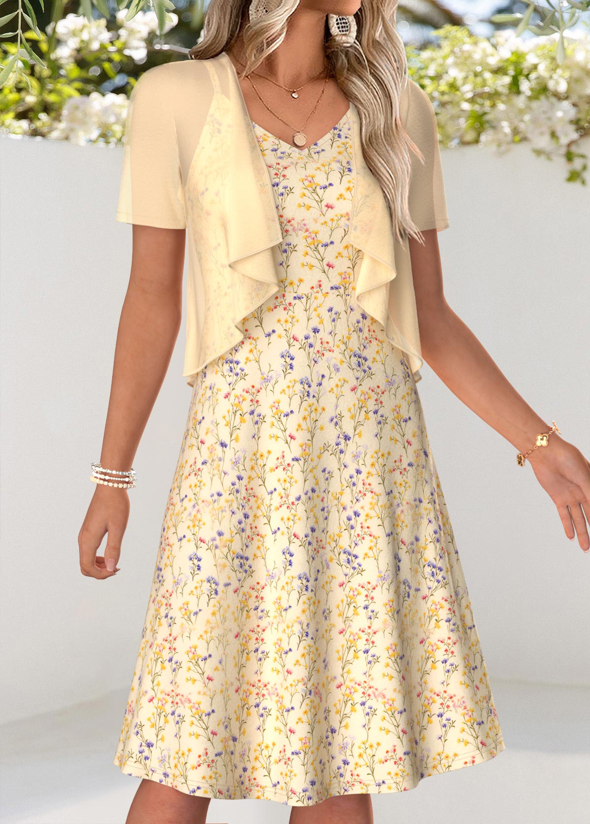Ditsy Floral Print Two-piece Light Yellow Dress and Cardigan