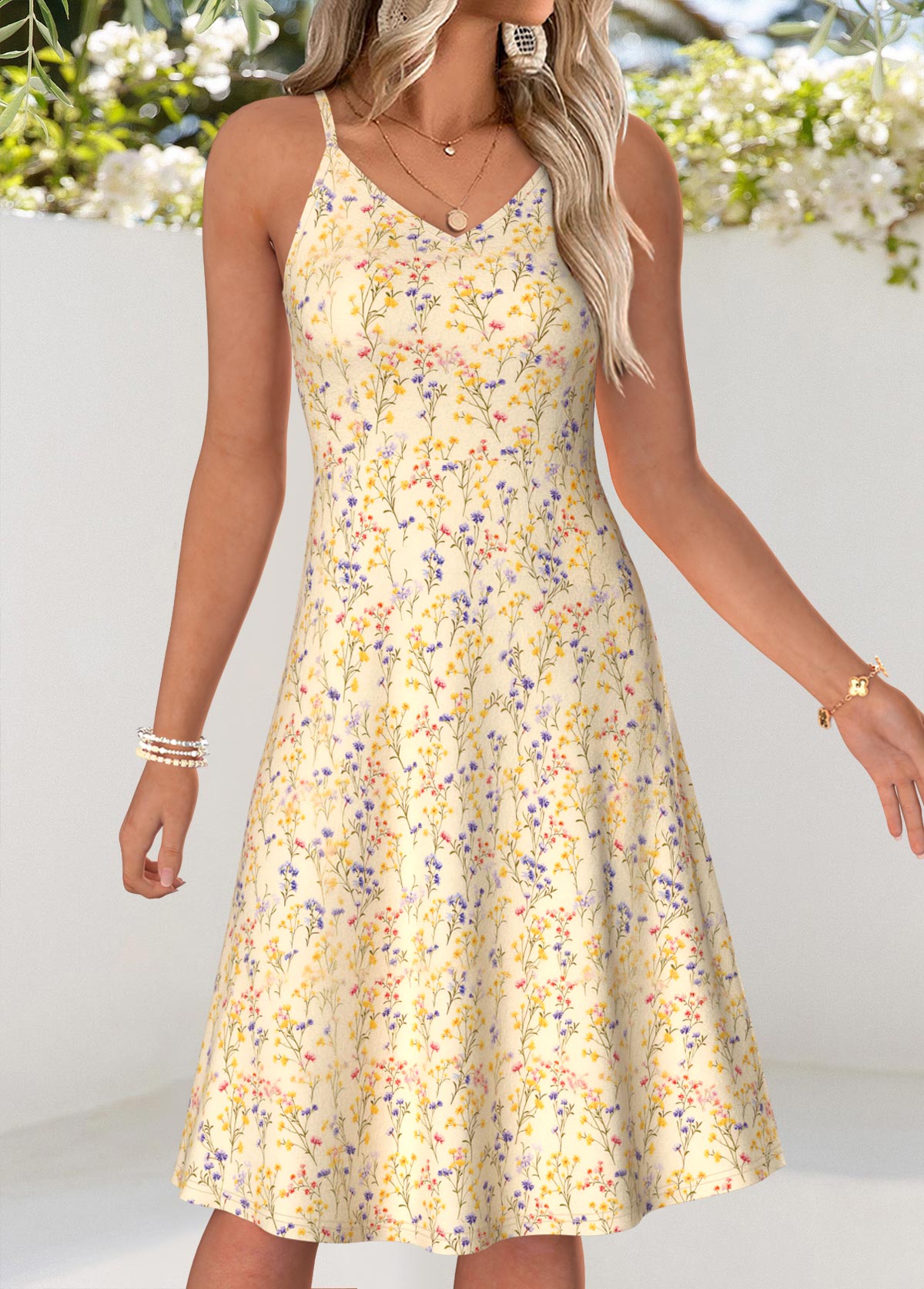 Ditsy Floral Print Two-piece Light Yellow Dress and Cardigan