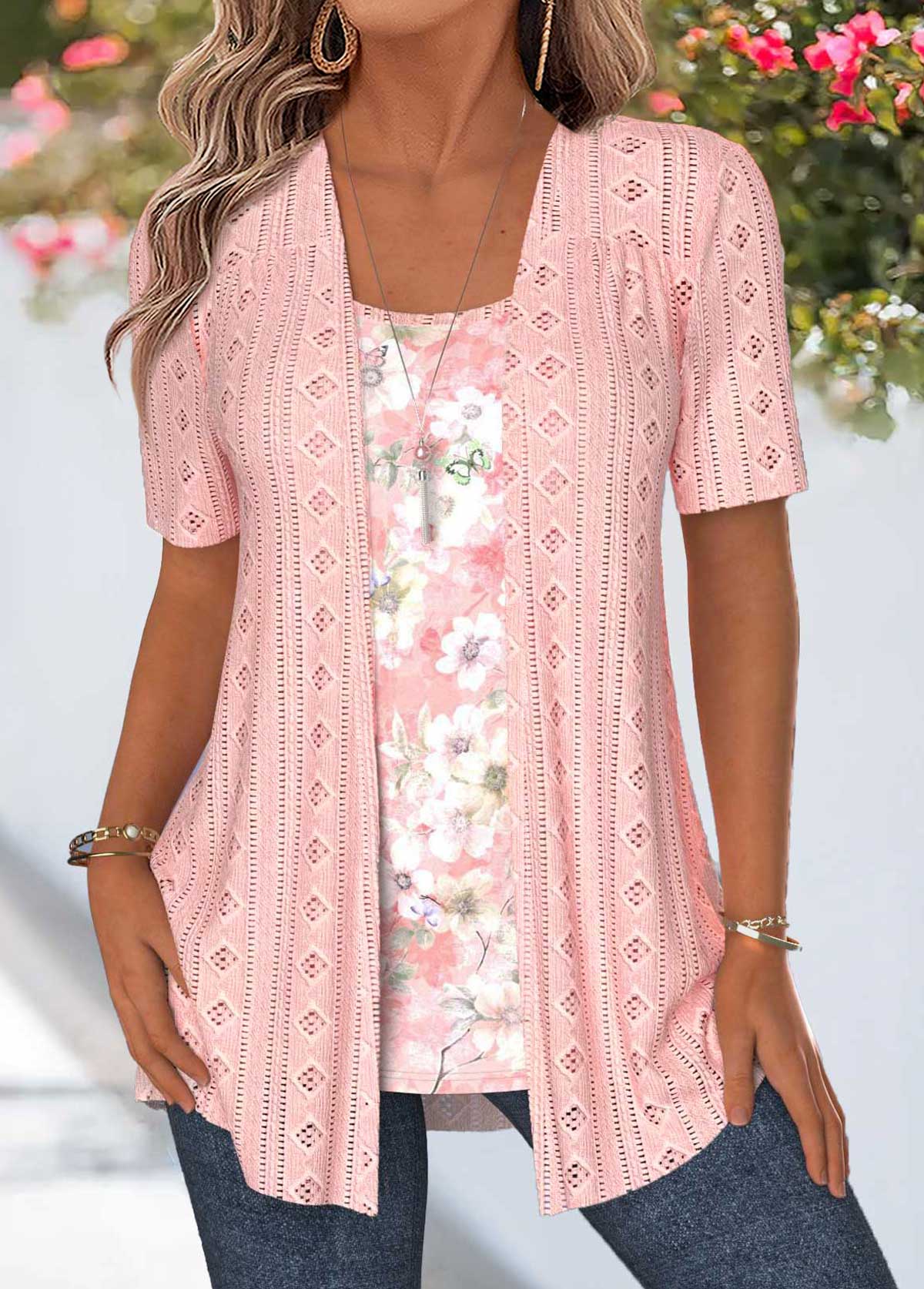Floral Print Pink Fake Two Piece Twinset