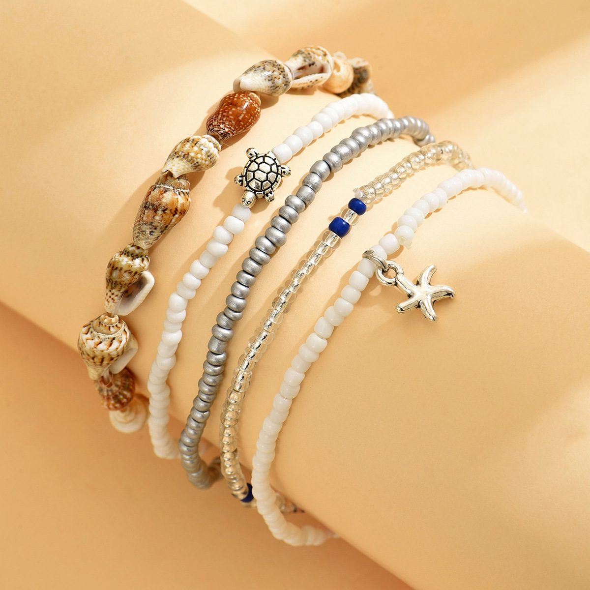Golden Round Alloy Starfish Beaded Anklets
