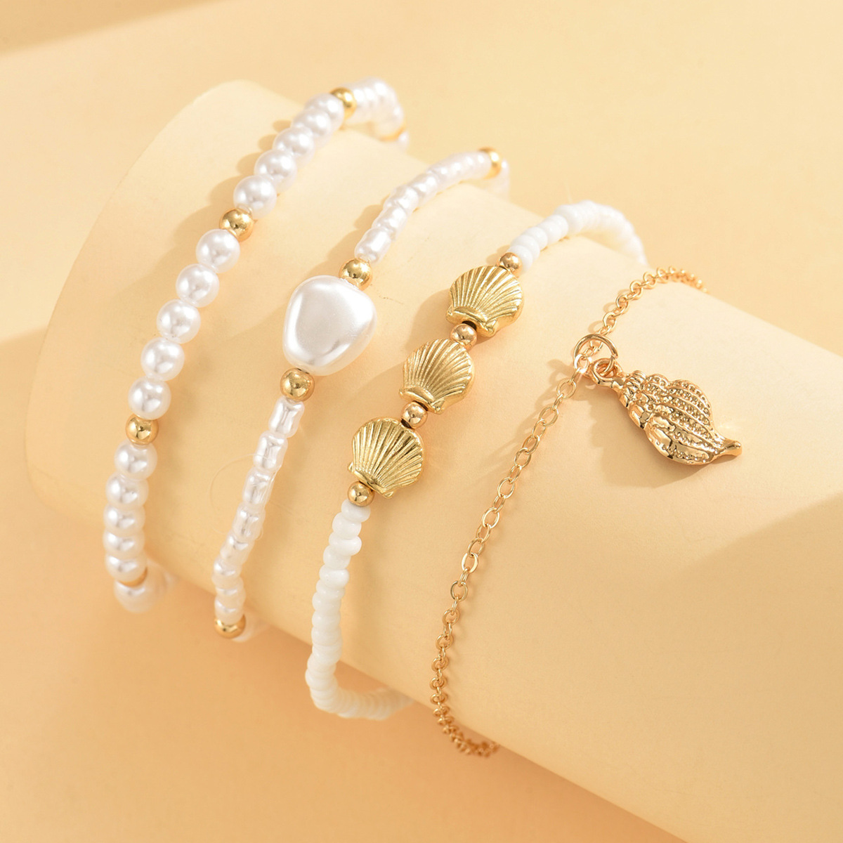 Golden Shell Alloy Beaded Anklet Set