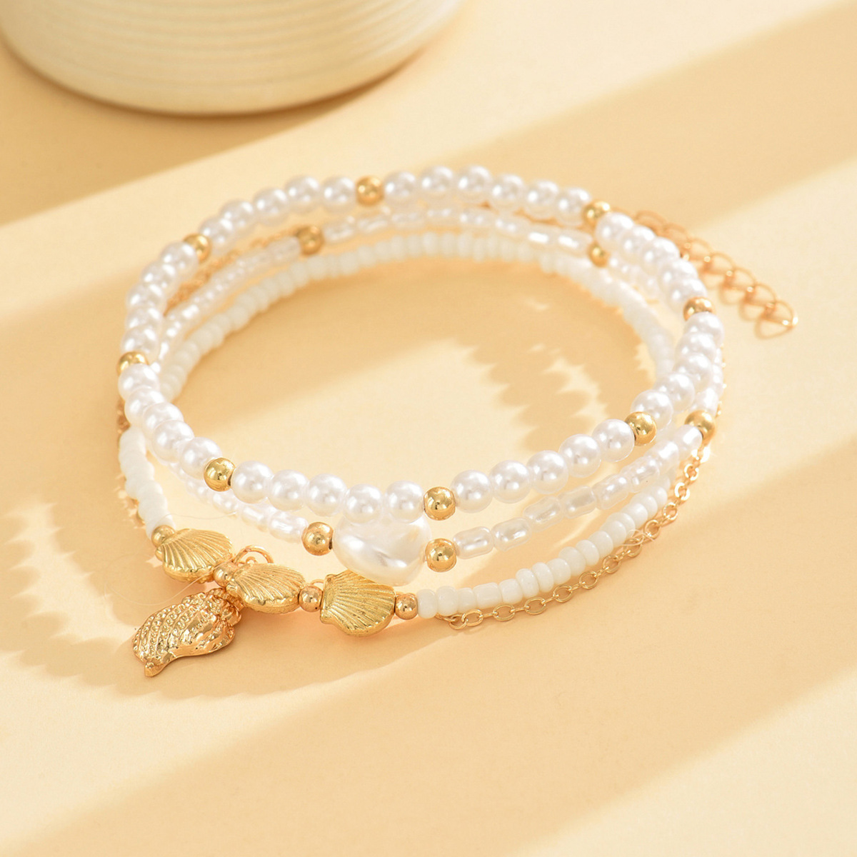 Golden Shell Alloy Beaded Anklet Set
