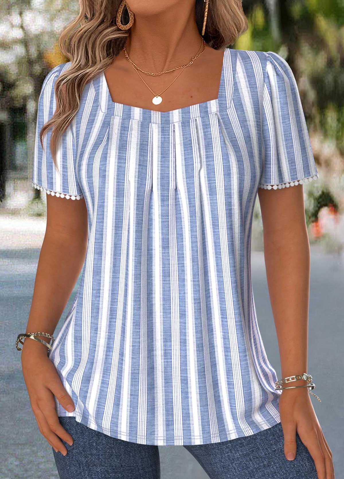 Plus Size Blue Pleated Striped Short Sleeve T Shirt