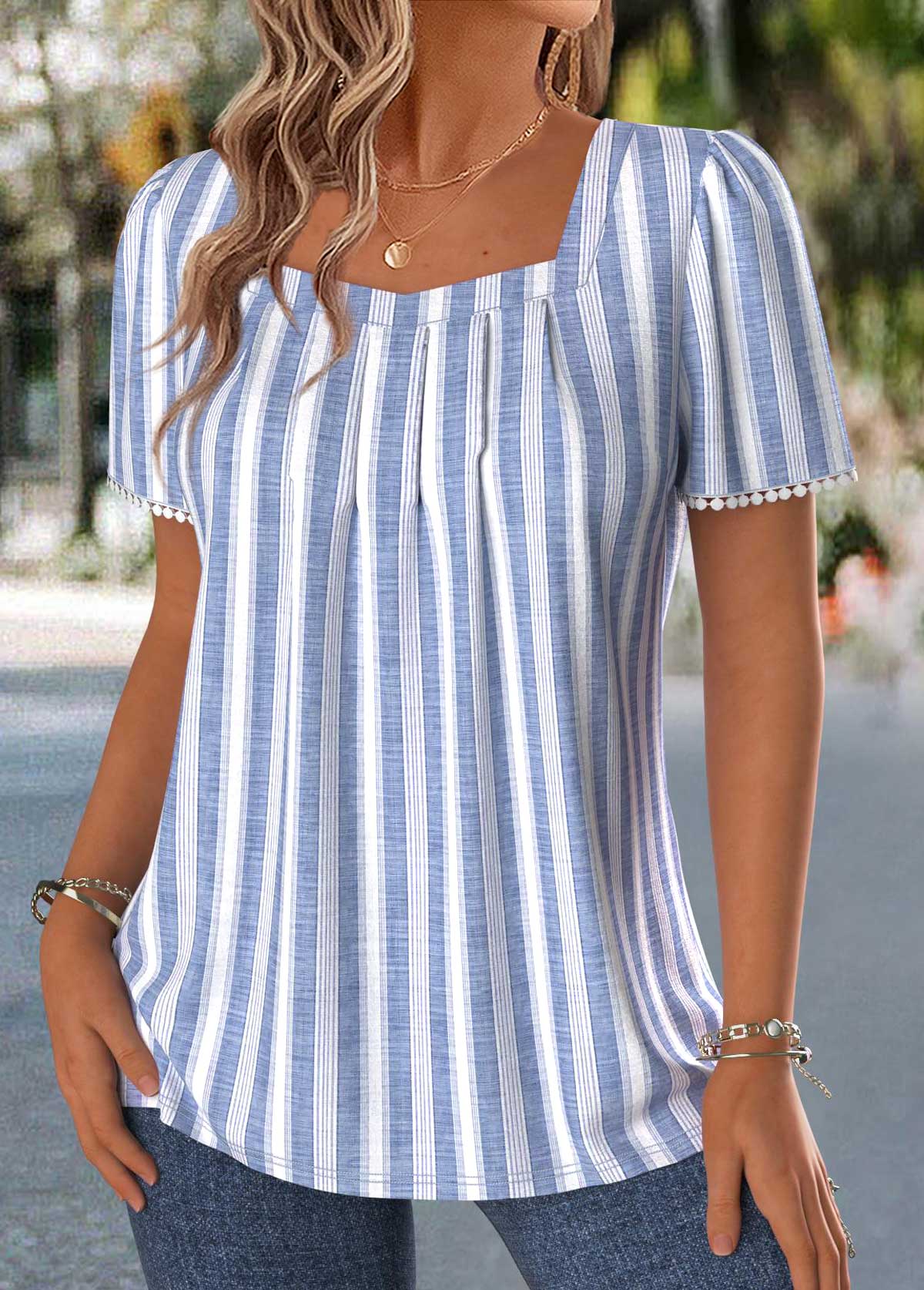 Plus Size Blue Pleated Striped Short Sleeve T Shirt