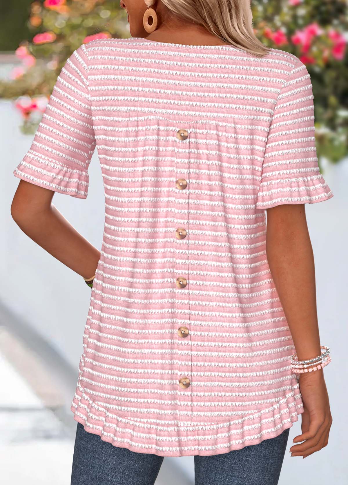 Striped Frill Pink Short Sleeve Round Neck T Shirt