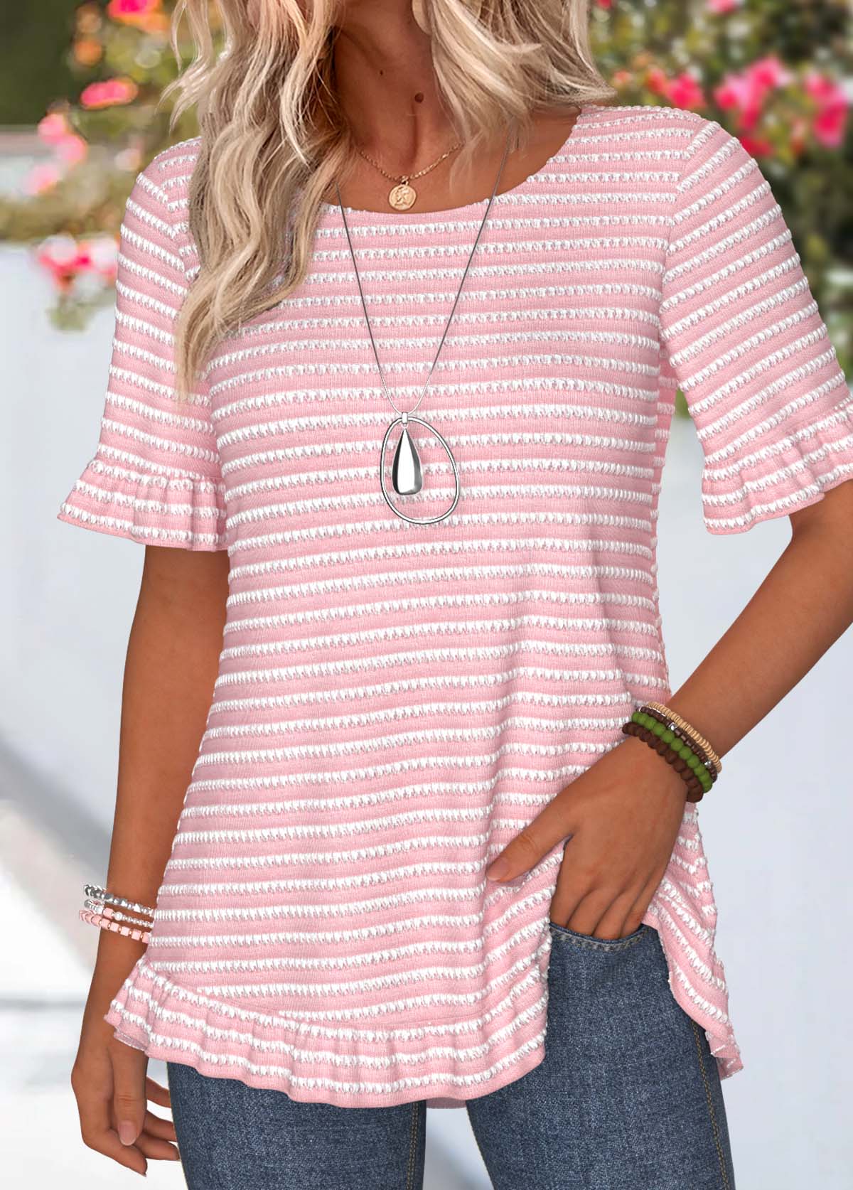 Striped Frill Pink Short Sleeve Round Neck T Shirt