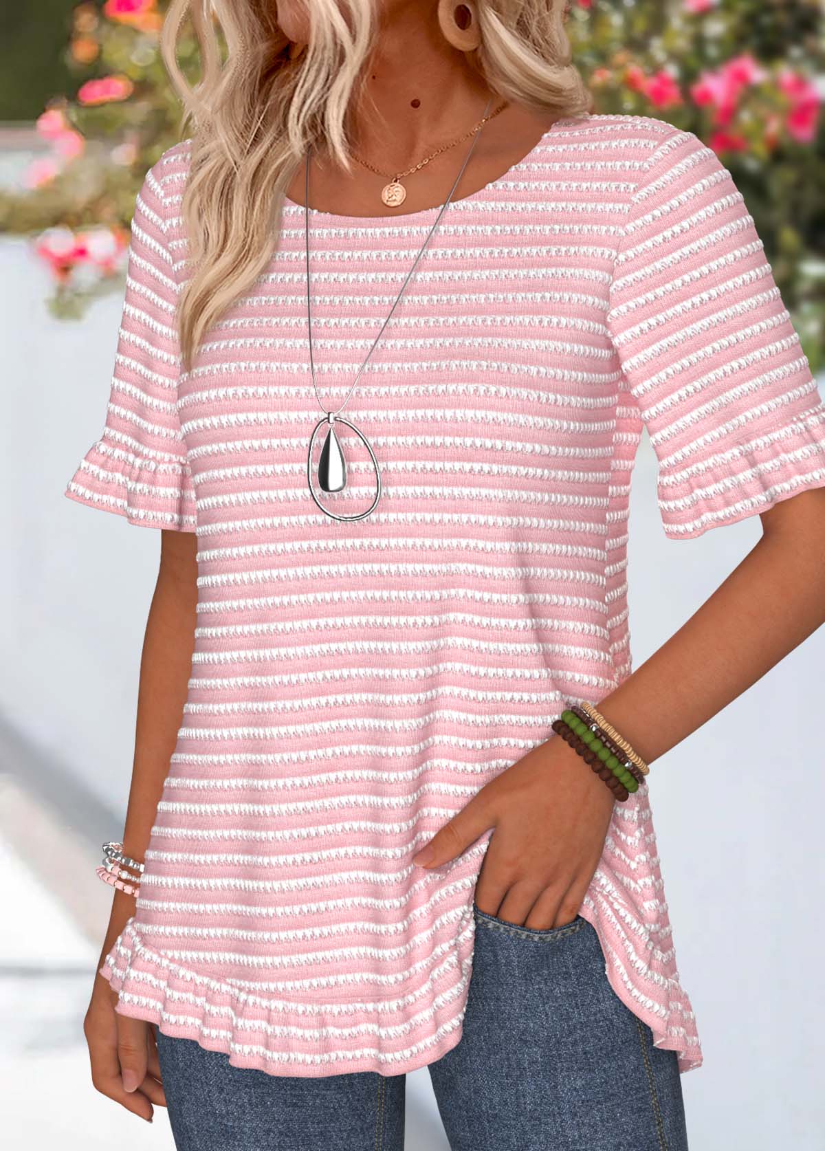 Striped Frill Pink Short Sleeve Round Neck T Shirt