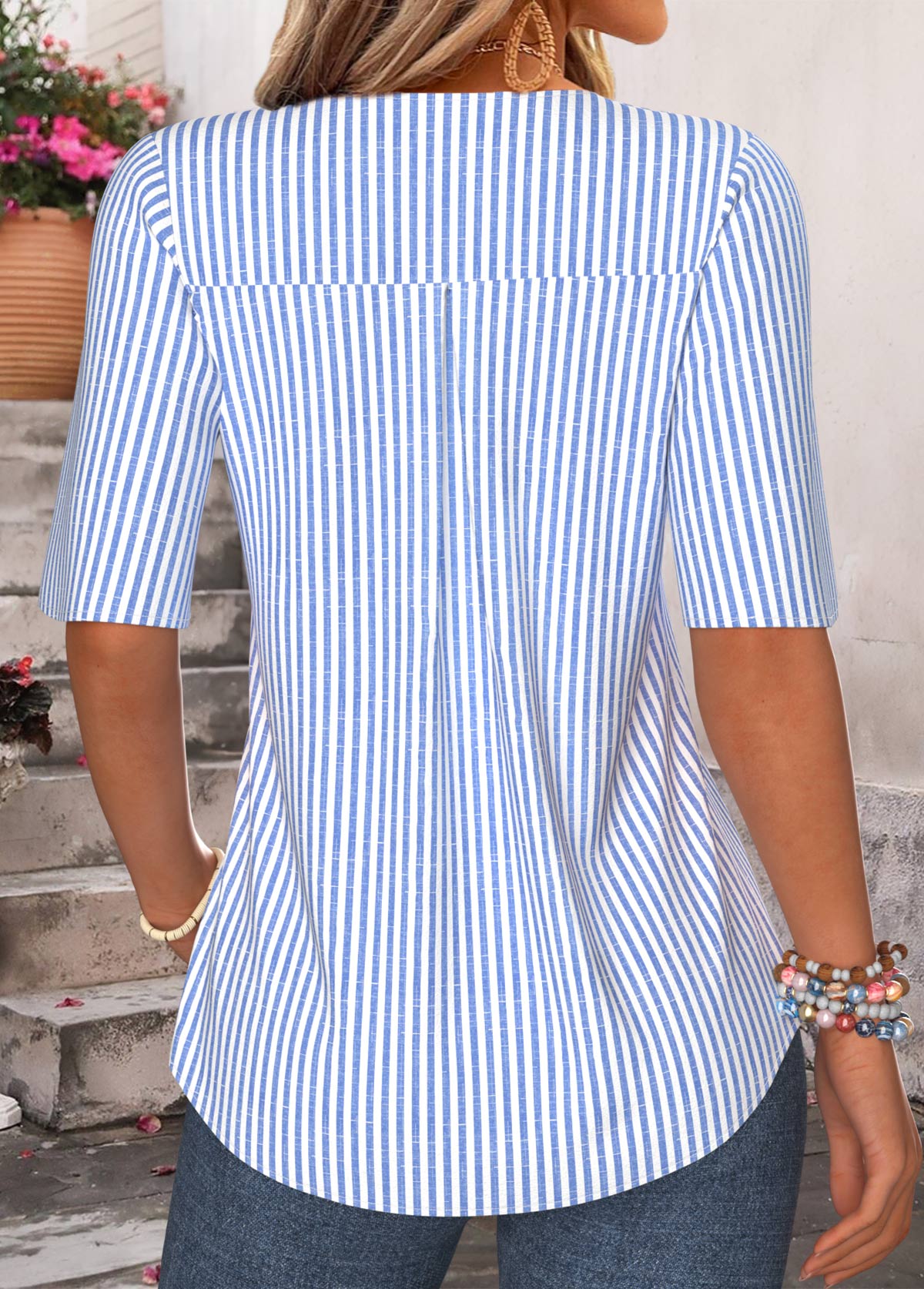 Striped Ruffle Blue Half Sleeve V Neck Blouse