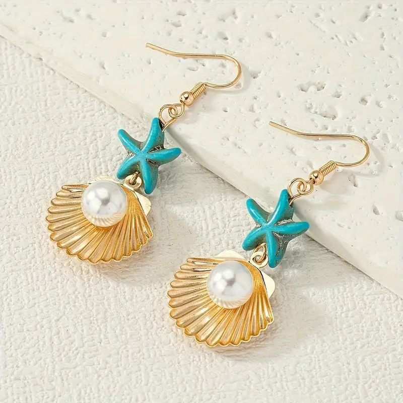 Golden Round Shell Pearl Alloy Earrings
