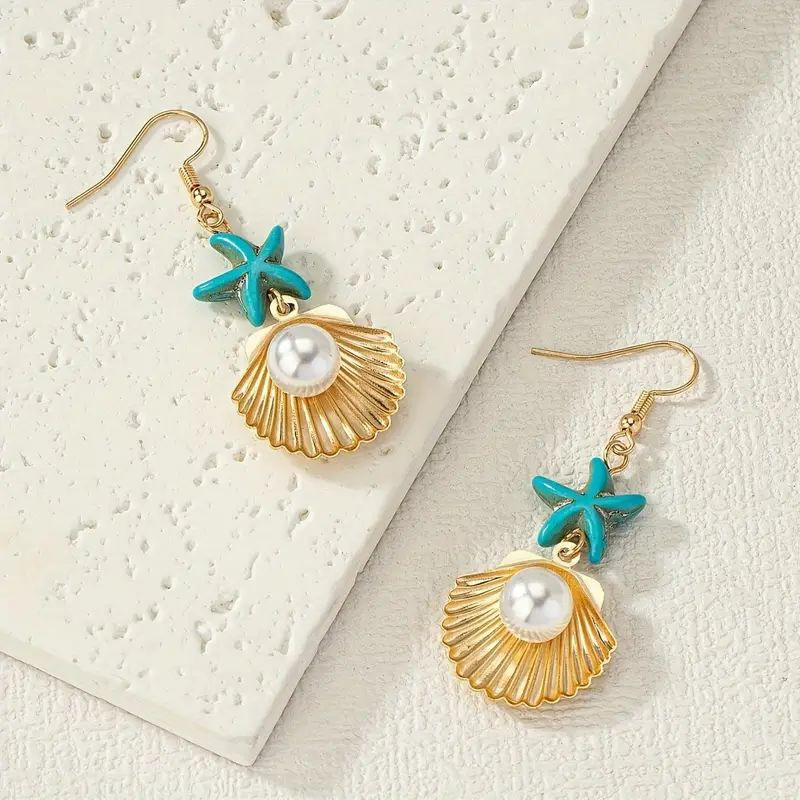 Golden Round Shell Pearl Alloy Earrings