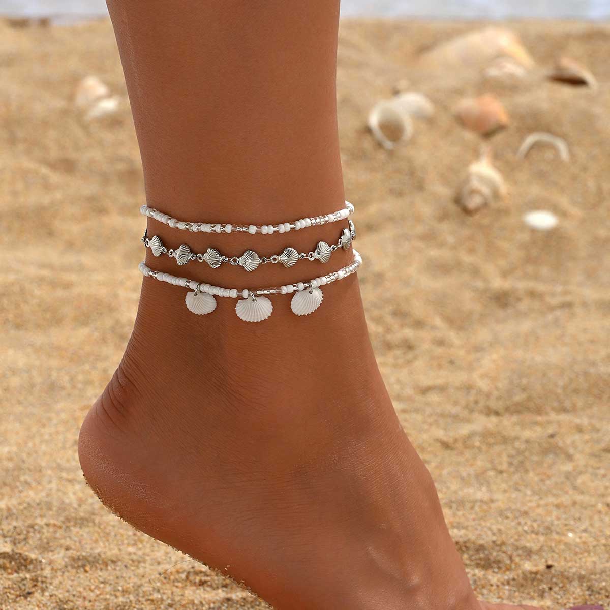 White Round Shell Alloy Beaded Anklets