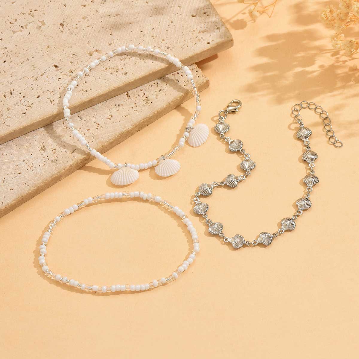 White Round Shell Alloy Beaded Anklets