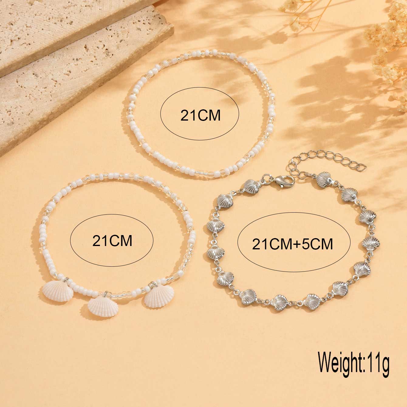 White Round Shell Alloy Beaded Anklets