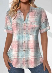 Plaid Pocket Light Pink Short Sleeve Shirt Collar Blouse