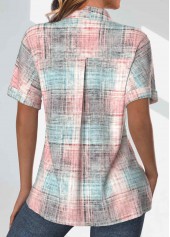 Plaid Pocket Light Pink Short Sleeve Shirt Collar Blouse