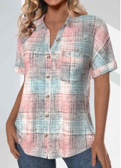 Plaid Pocket Light Pink Short Sleeve Shirt Collar Blouse