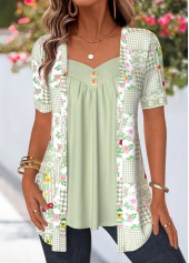 Floral Print Sage Green Fake Two Piece Twinset