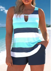 Multi Stripe Print Cut Out Cyan Tankini Set