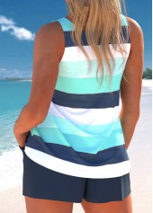 Multi Stripe Print Cut Out Cyan Tankini Set