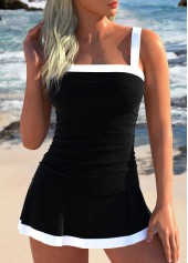 Patchwork Contrast Binding Black Tankini Set