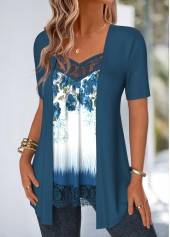 Floral Print Lace Peacock Blue Fake Two Piece Twinset
