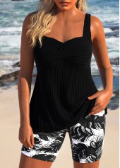 Plus Size Black Feathers Print Surplice Tankini Set