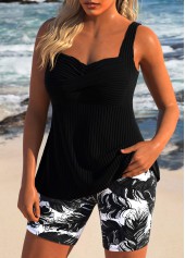 Plus Size Black Feathers Print Surplice Tankini Set