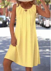 Yellow Sleeveless Round Neck Hollow Jacquard Dress