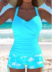 Mid Waisted Tropical Plants Print Criss Cross Tankini Set